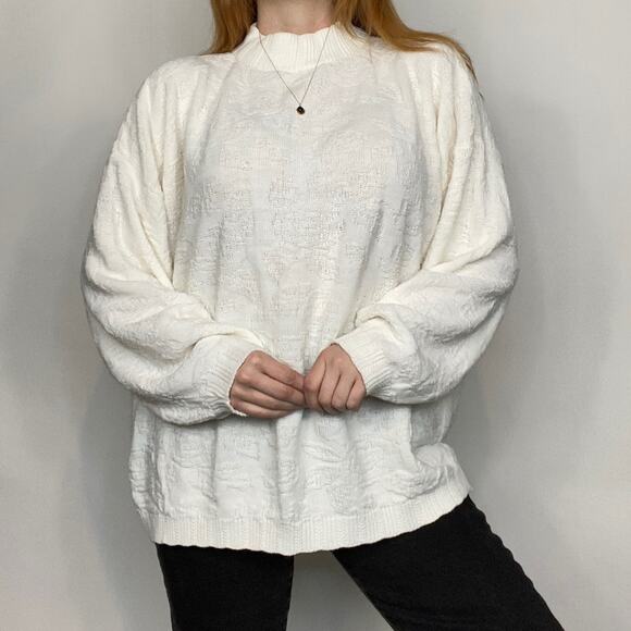 Vintage 80s Spunky Oversized 0X Ivory Floral Embroidered Mockneck Sweater - Picture 3 of 10